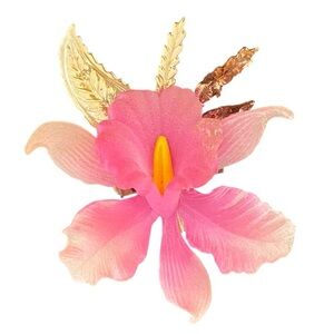 Vintage Pink Orchid Brooch Pin Gold Tone Floral Statement Botanical